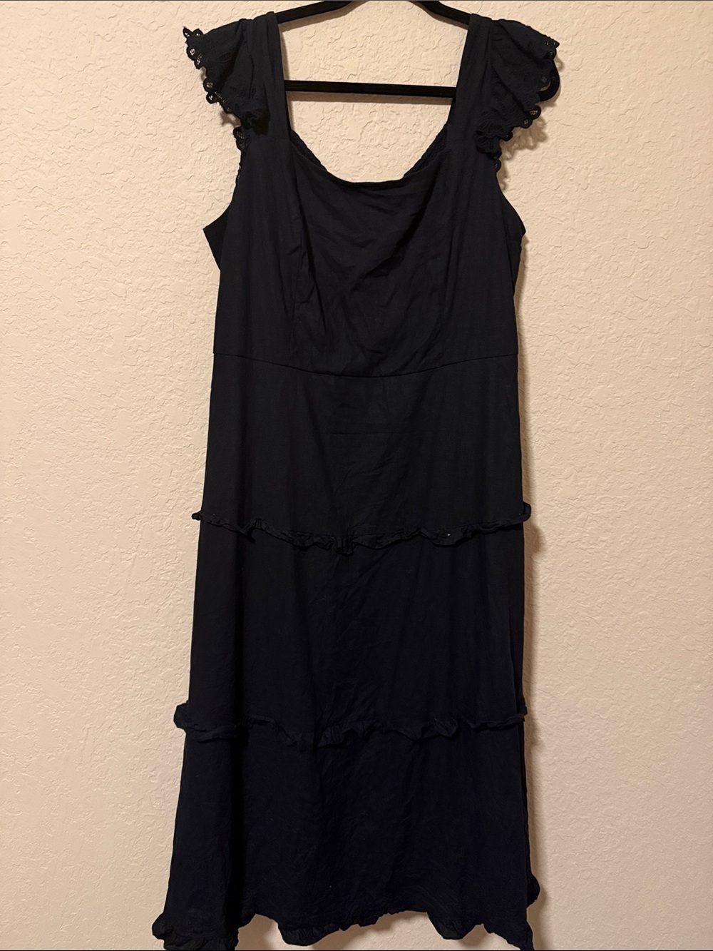 Anne Klein Black Tiered Maxi Dress with Ruffle Cap Sleeves 100% linen